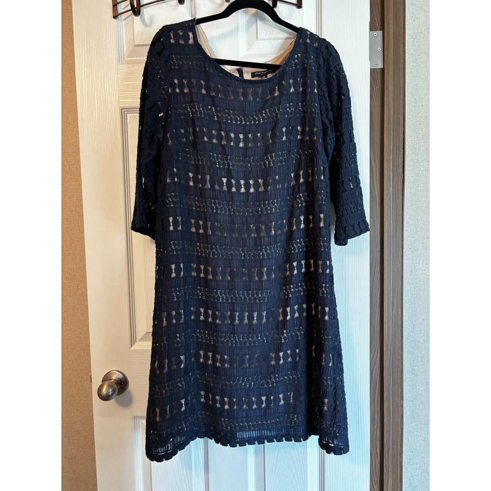 Sharagano Navy Blue Lace Sheath Dress Size 14 Crochet‎ 3/4 Sleeve Lined Cocktail